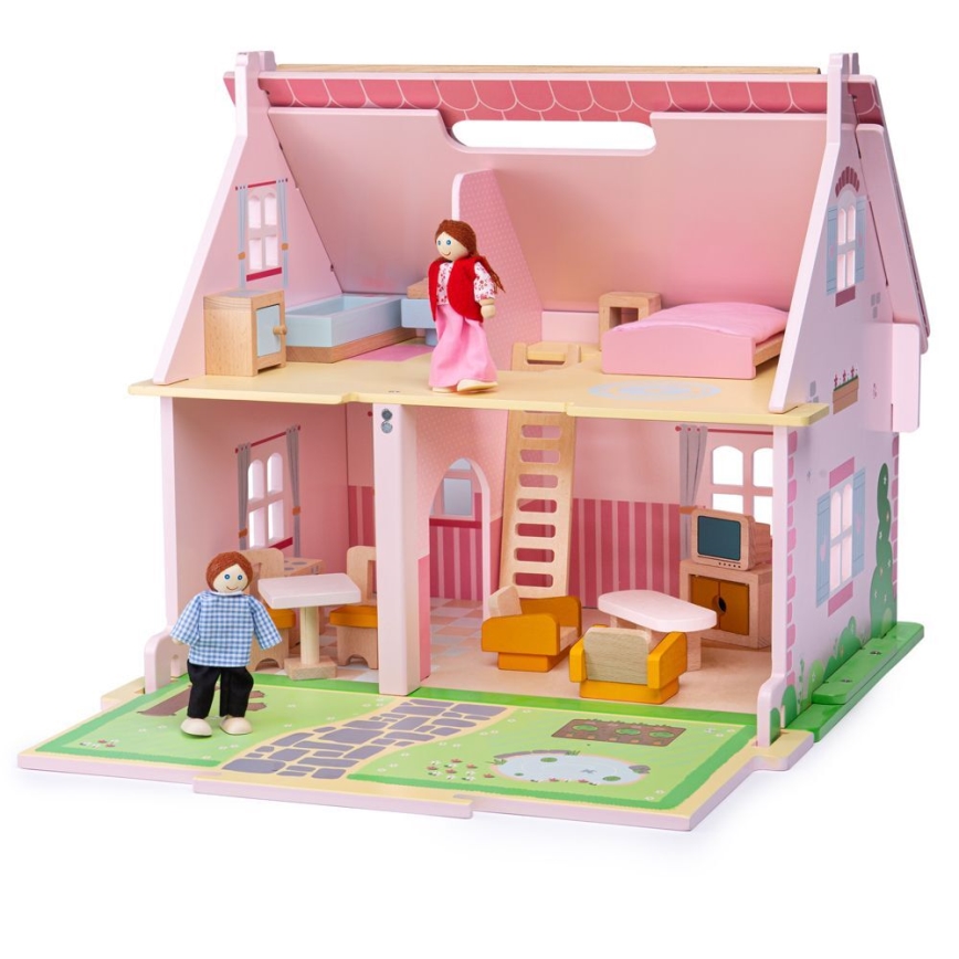 Bigjigs Toys - Casa de muñecas de madera portátil