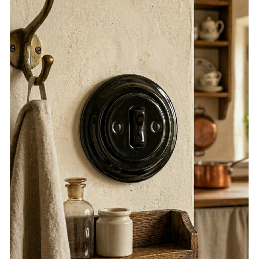 Bohemia-Design - Interruptor retro de porcelana sencillo con marco n.º 1, negro