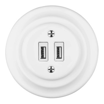 Bohemia-Design - Toma de corriente retro de porcelana con marco y 2 puertos USB-A, blanca