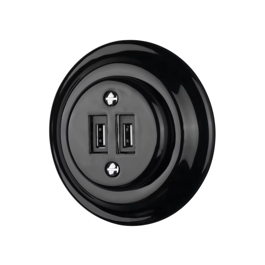 Bohemia-Design - Enchufe USB retro de porcelana sin marco, 2 puertos USB-A, negro