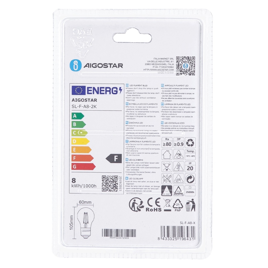 Bombilla LED A60 E27/8W/230V 2200K - Aigostar