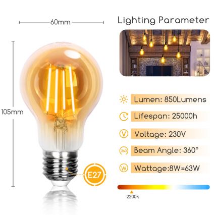 Bombilla LED A60 E27/8W/230V 2200K - Aigostar