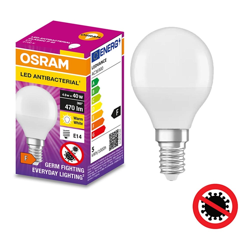 Bombilla LED antibacteriana P40 E14/4,9W/230V 2700K - Osram