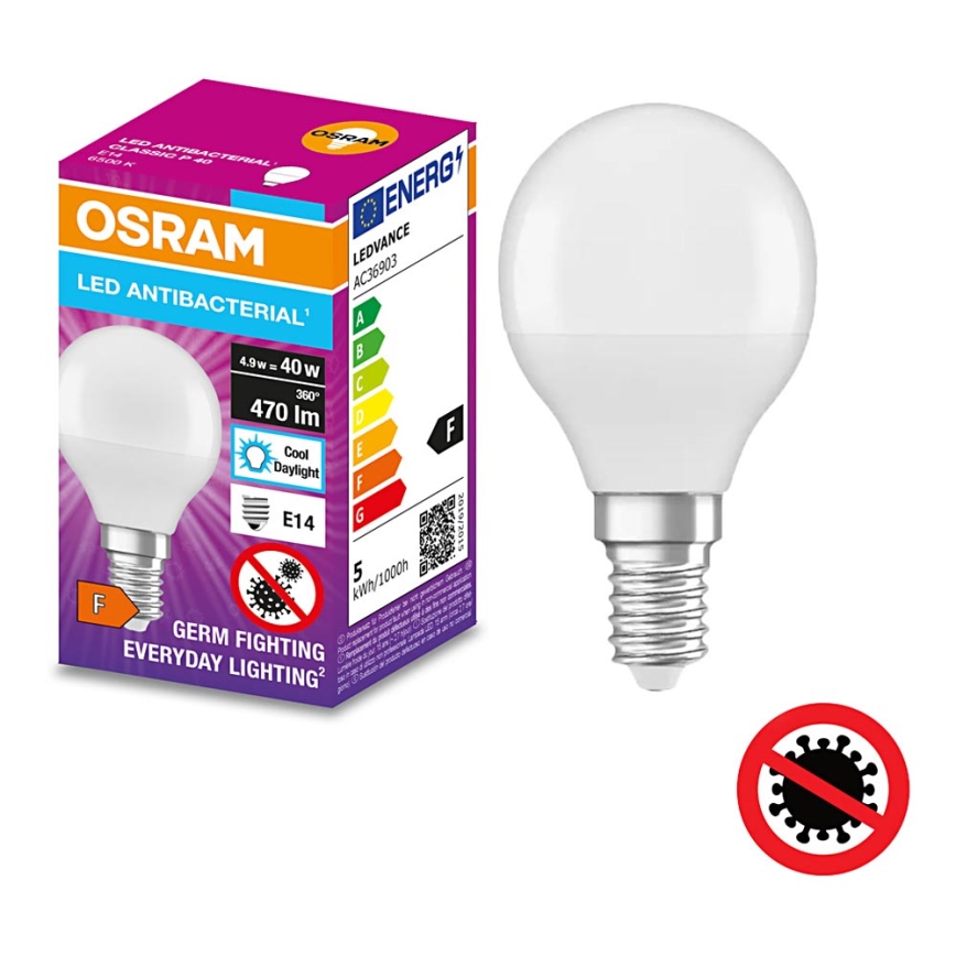 Bombilla LED antibacteriana P40 E14/4,9W/230V 6500K - Osram