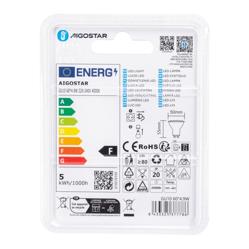 Bombilla LED COB GU10/4,9W/230V 4000K - Aigostar