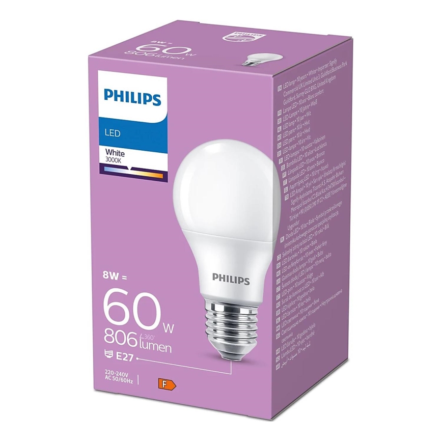 Bombilla LED Philips A60 E27/8W/230V 3000K