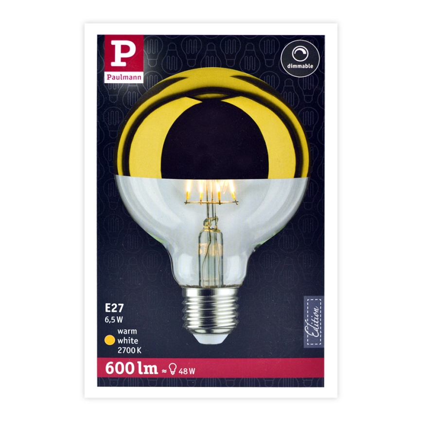 Bombilla LED regulable con casquillo esférico de espejo GLOBE G95 E27/6,5W/230V 2700K dorado - Paulmann 28675