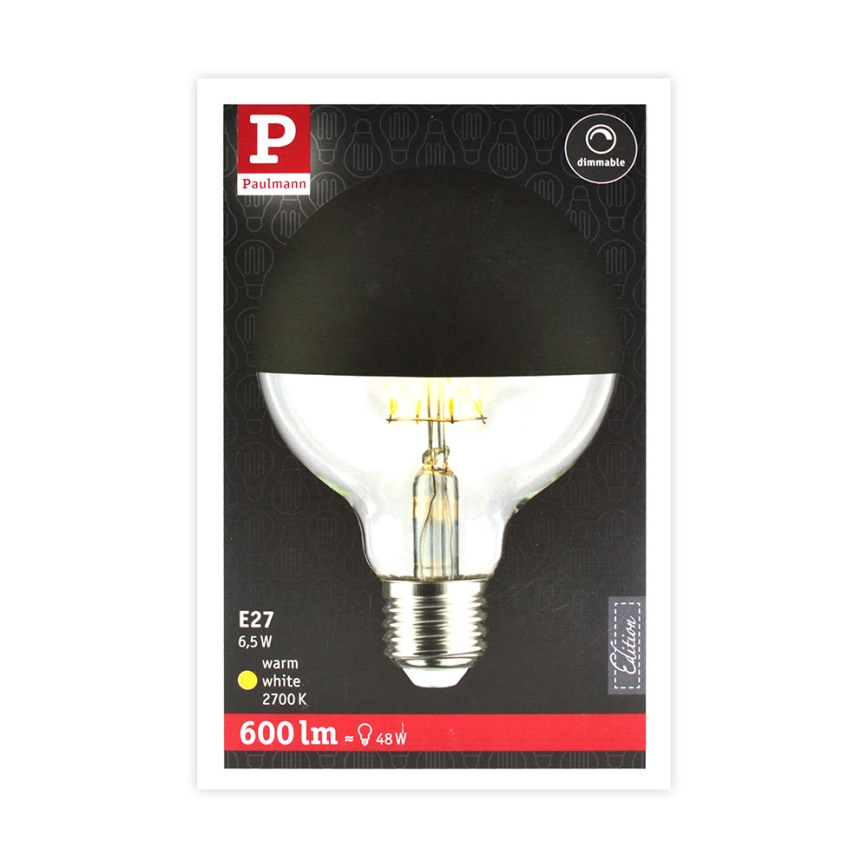 Bombilla LED regulable con casquillo esférico de espejo GLOBE G95 E27/6,5W/230V 2700K negro - Paulmann 28676
