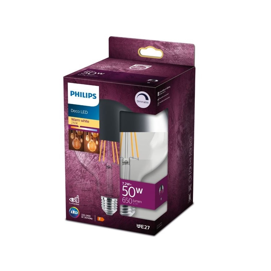 Bombilla LED regulable con casquillo esférico DECO Philips G125 E27/7,2W/230V 2700K
