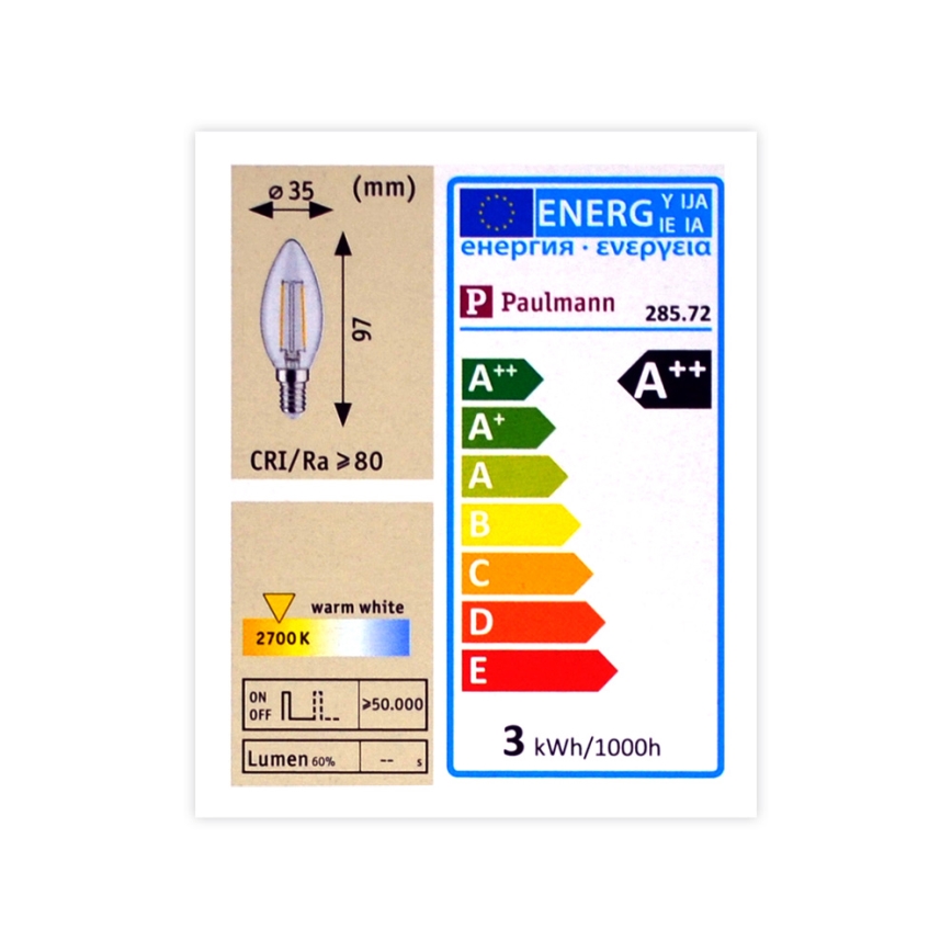 Bombilla LED Regulable E14/2,5W/230V 2700K - Paulmann 28572