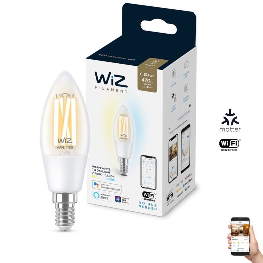 Bombilla LED regulable FILAMENT C35 E14/4,9W/230V 2700-6500K CRI 90 Wi-Fi - WiZ