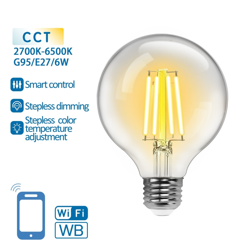 Bombilla LED regulable FILAMENT G95 E27/6W/230V 2700-6500K Wi-Fi - Aigostar