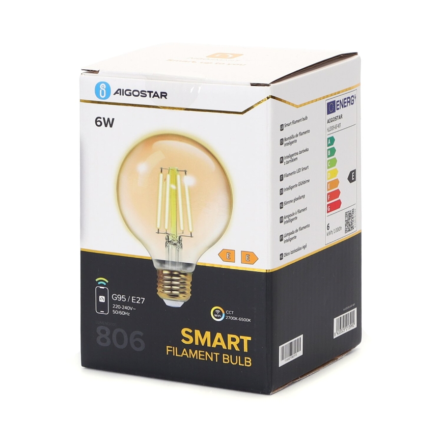 Bombilla LED regulable FILAMENT G95 E27/6W/230V 2700-6500K Wi-Fi - Aigostar