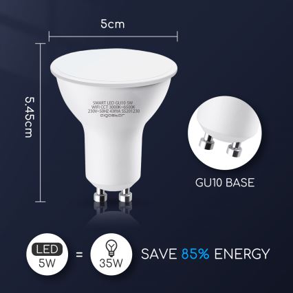 Bombilla LED regulable GU10/5W/230V 3000-6500K Wi-Fi - Aigostar