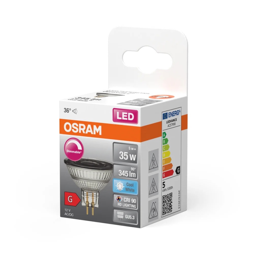 Bombilla LED regulable MR16 GU5,3/5W/12V 4000K 36° CRI 90 - Osram