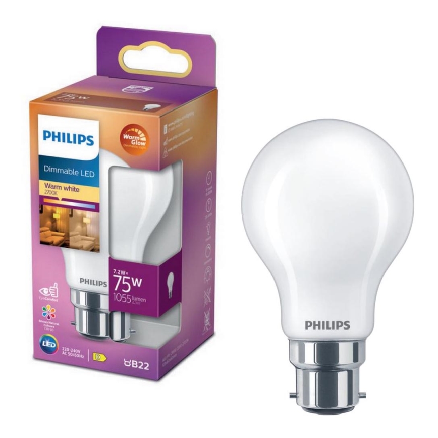 Bombilla LED regulable Philips Warm Glow A60 B22/7,2W/230V 2200-2700K CRI 90