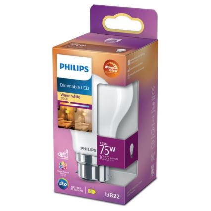 Bombilla LED regulable Philips Warm Glow A60 B22/7,2W/230V 2200-2700K CRI 90