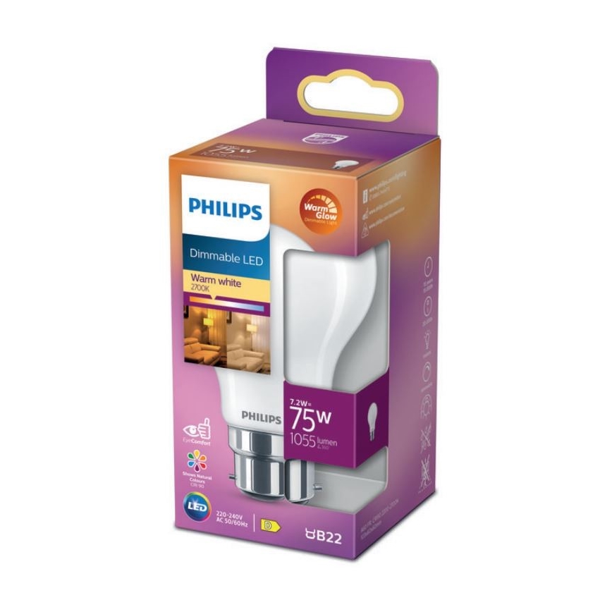 Bombilla LED regulable Philips Warm Glow A60 B22/7,2W/230V 2200-2700K CRI 90