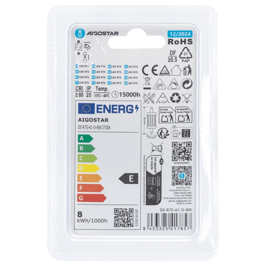 Bombilla LED regulable R7s/8W/230V 2700K - Aigostar