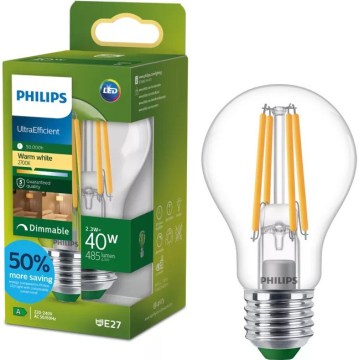Bombilla LED regulable ULTRAEFFICIENT VINTAGE Philips A60 E27/2,3W/230V 2700K