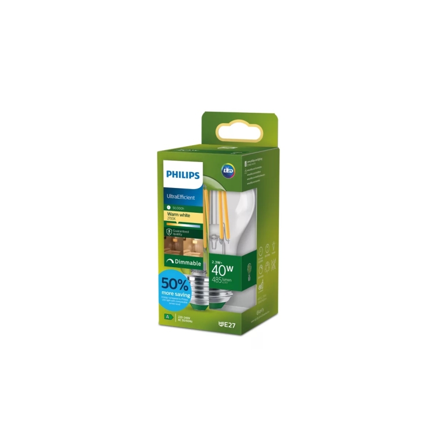 Bombilla LED regulable ULTRAEFFICIENT VINTAGE Philips A60 E27/2,3W/230V 2700K