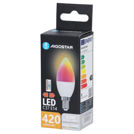 Bombilla LED RGBW C37 E14/4,8W/230V 3000K + mando a distancia - Aigostar