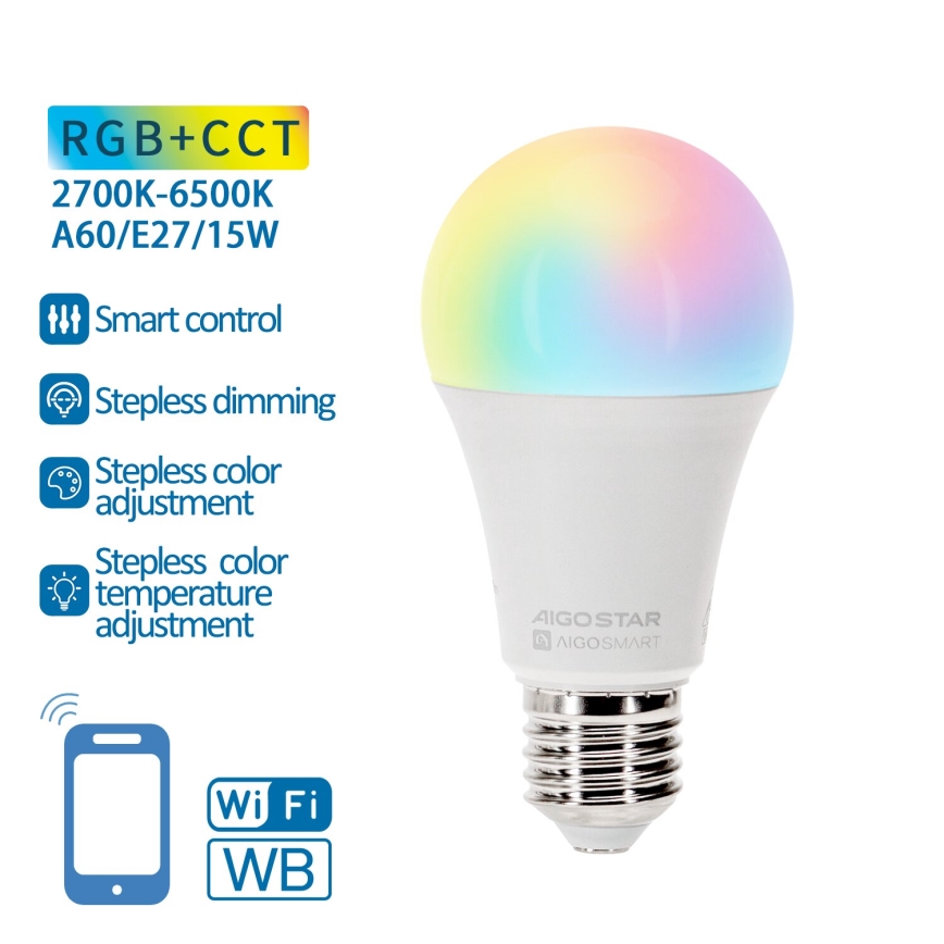 Bombilla LED RGBW regulable A60 E27/15W/230V 2700-6500K Wi-Fi - Aigostar