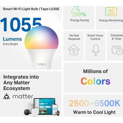 Bombilla LED RGBW regulable MATTER A60 E27/8,6W/230V 2500-6500K Wi-Fi - TP-Link