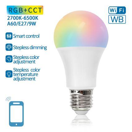 Bombilla LED RGBW regulable A60 E27/9W/230V 2700-6500K Wi-Fi - Aigostar