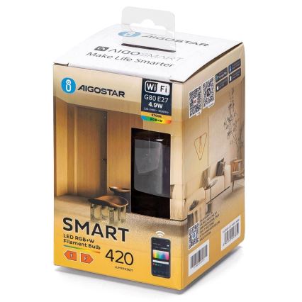 Bombilla LED RGBW regulable FILAMENT G80 E27/4,9W/230V 2700K Wi-Fi - Aigostar