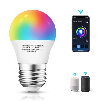 Bombilla LED RGBW regulable G45 E27/5W/230V 3000-6500K Wi-Fi - Aigostar