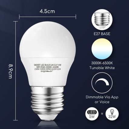Bombilla LED RGBW regulable G45 E27/5W/230V 3000-6500K Wi-Fi - Aigostar