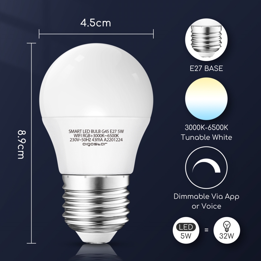 Bombilla LED RGBW regulable G45 E27/5W/230V 3000-6500K Wi-Fi - Aigostar