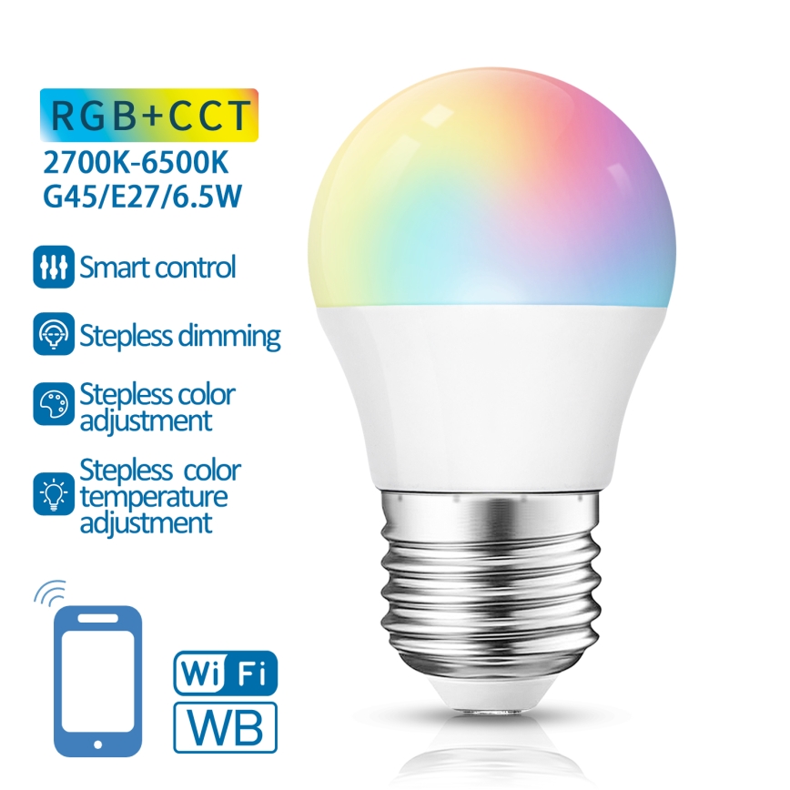 Bombilla LED RGBW regulable G45 E27/6,5W/230V 2700-6500K Wi-Fi - Aigostar