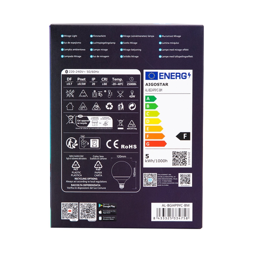 Bombilla LED RGBW regulable MESH G120 E27/4,9W/230V 2700-6500K + control remoto - Aigostar