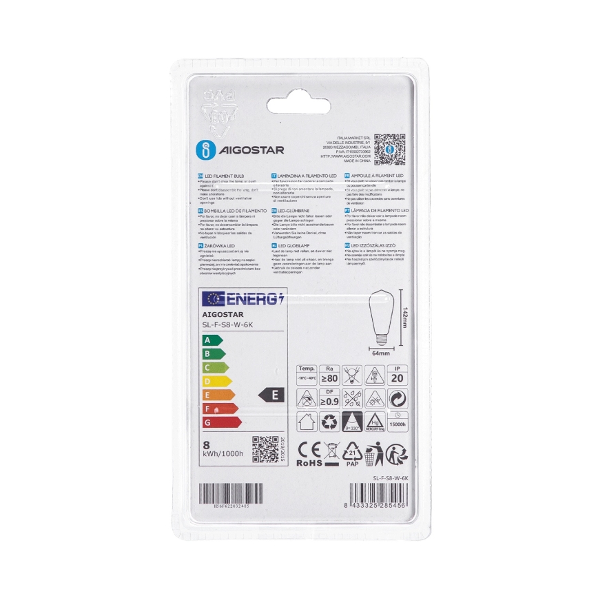 Bombilla LED ST64 E27/8W/230V 6500K - Aigostar