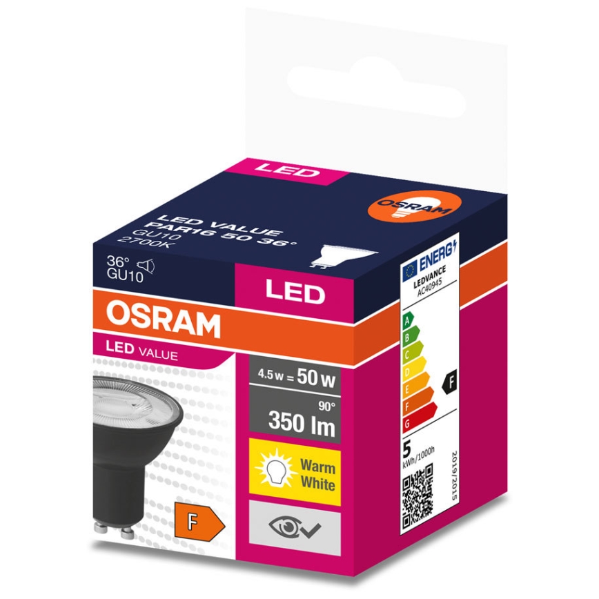 Bombilla LED VALUE PAR16 GU10/4,5W/230V 2700K 36° negro - Ledvance