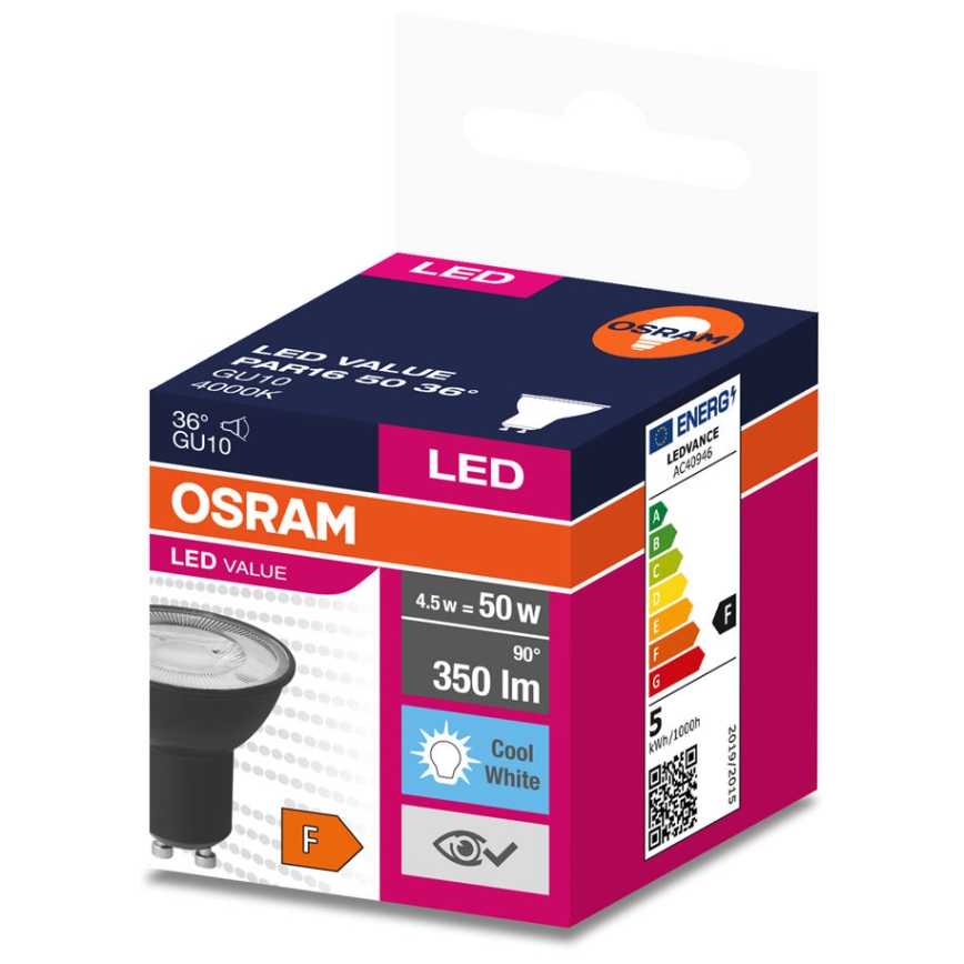 Bombilla LED VALUE PAR16 GU10/4,5W/230V 6500K 36° negro - Ledvance