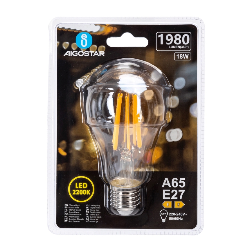 Bombilla LED VINTAGE A65 E27/18W/230V 2200K - Aigostar