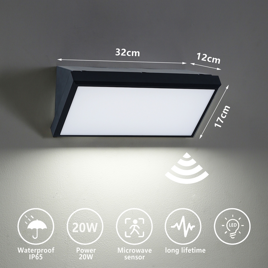 Brilagi - Aplique de pared exterior LED con sensor TRIANGLE LED/20W/230V negro IP65
