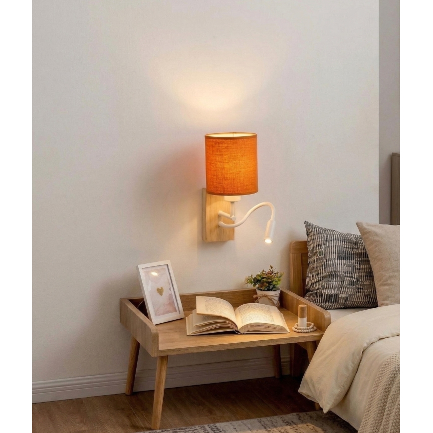 Brilagi - Lámpara de pared LED flexible NUBILA WOOD 1xE27/25W/230V + LED/3W roble/blanco/naranja