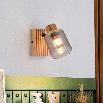 Brilagi - Aplique de pared orientable HYGGE 1xE14/15W/230V madera de caucho/vidrio ahumado