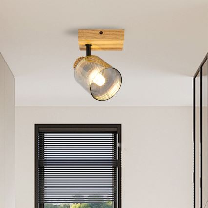 Brilagi - Aplique de pared orientable HYGGE 1xE14/15W/230V madera de caucho/vidrio ahumado