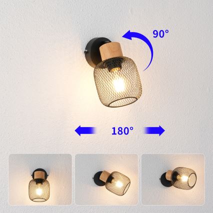 Brilagi - Aplique de pared tipo foco BASKLITE 1xE27/15W/230V madera de caucho/negro