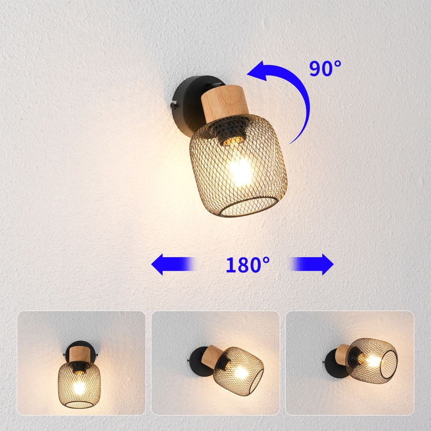 Brilagi - Aplique de pared tipo foco BASKLITE 1xE27/15W/230V madera de caucho/negro