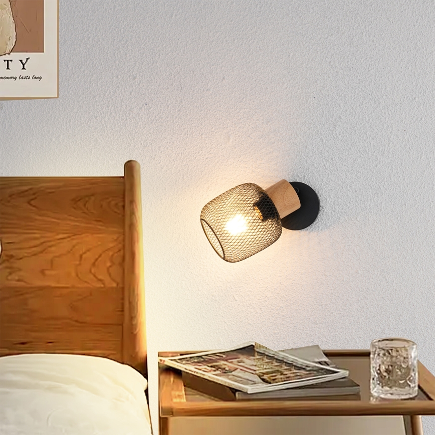 Brilagi - Aplique de pared tipo foco BASKLITE 1xE27/15W/230V madera de caucho/negro