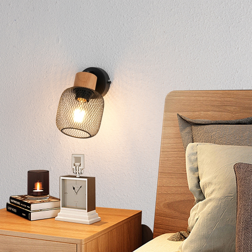 Brilagi - Aplique de pared tipo foco BASKLITE 1xE27/15W/230V madera de caucho/negro