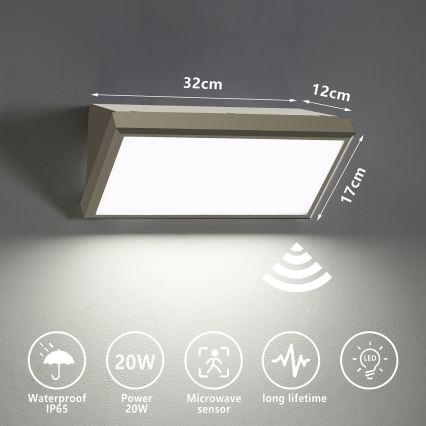 Brilagi - Aplique LED para exterior con sensor TRIANGLE LED/20W/230V gris IP65