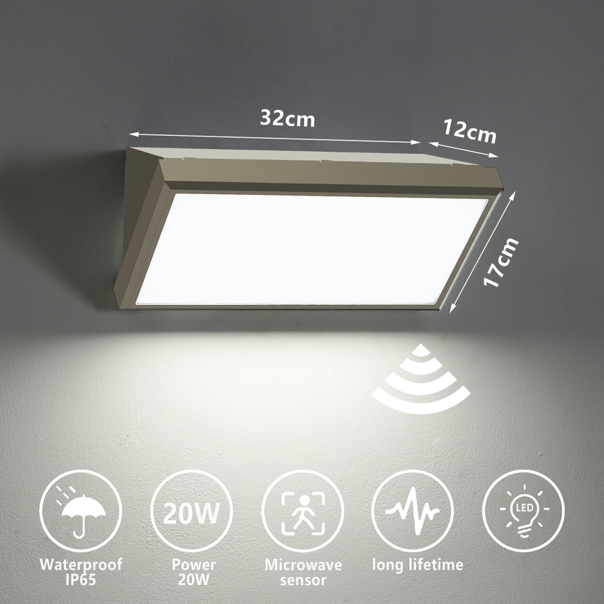 Brilagi - Aplique LED para exterior con sensor TRIANGLE LED/20W/230V gris IP65