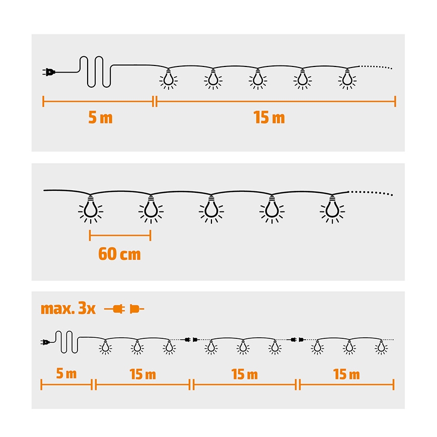 Brilagi - Cadena decorativa LED para exteriores GUIRNALDA 25xE12 20m blanco IP44 blanco cálido